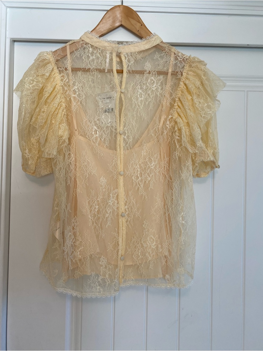 Free People Pale Yellow Lace Puff Sleeve Blouse - Picture 6 of 8